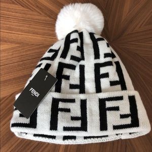 FENDI Winter Hat Beanie, White + Black